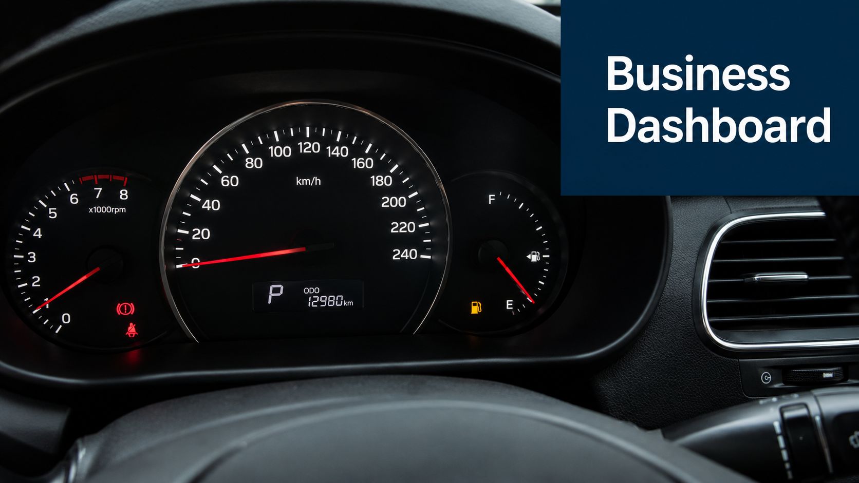 A close up view of a modern car dashboard showing the speedometer, odometer, and fuel gauge.