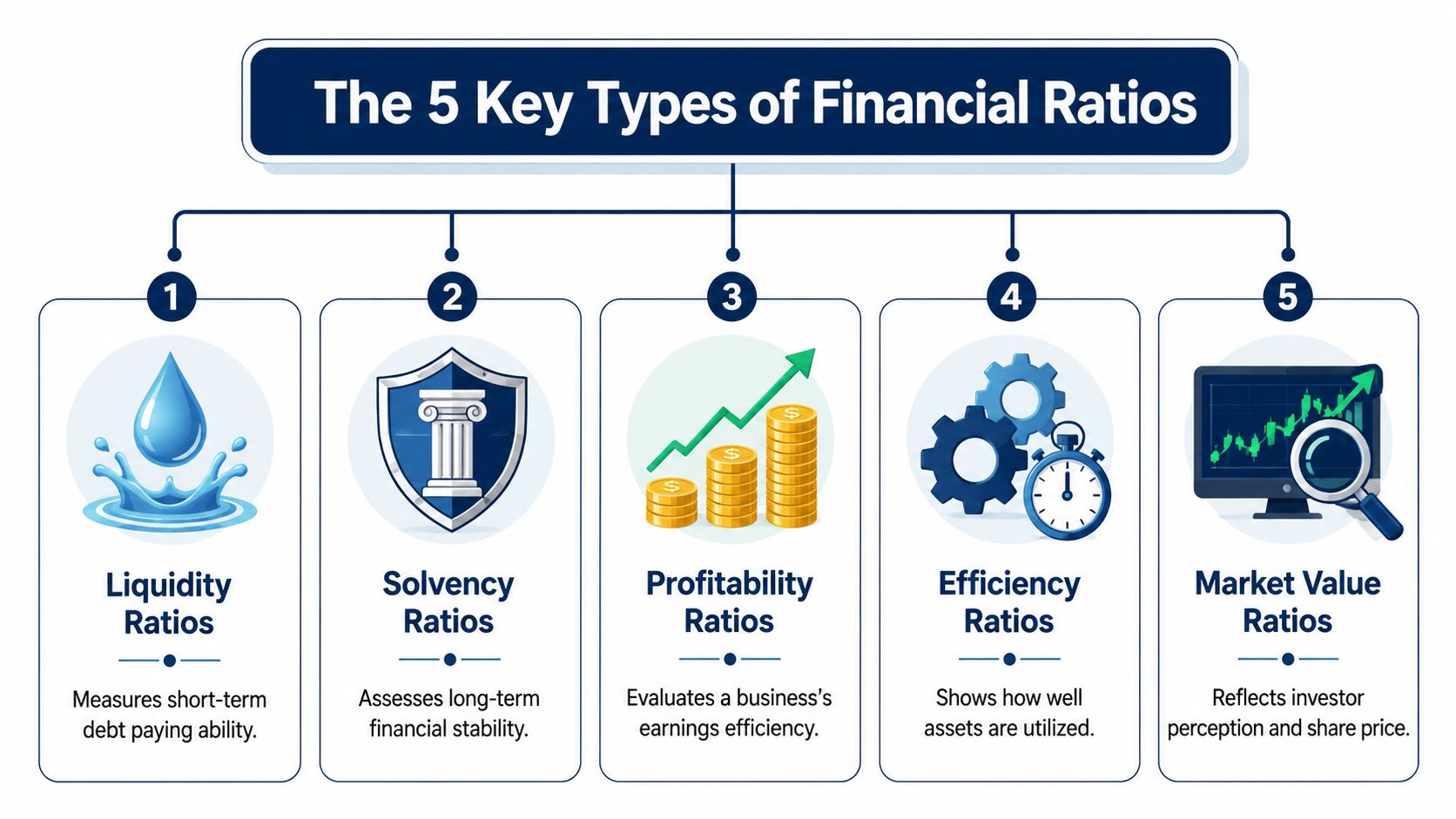 An infographic titled The 5 Key Types of Financial Ratios detailing liquidity, solvency, profitability, efficiency, and market value.