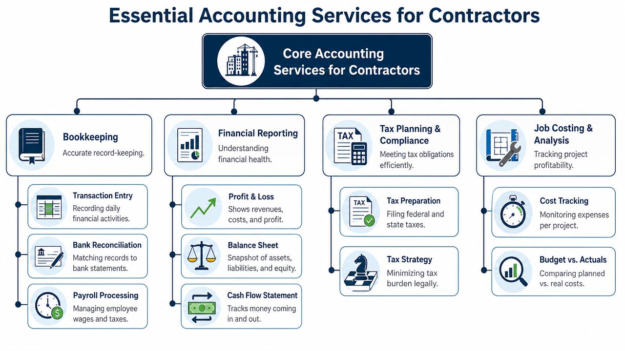 A flowchart detailing essential accounting services for contractors, including bookkeeping, financial reporting, tax planning, and job costing.