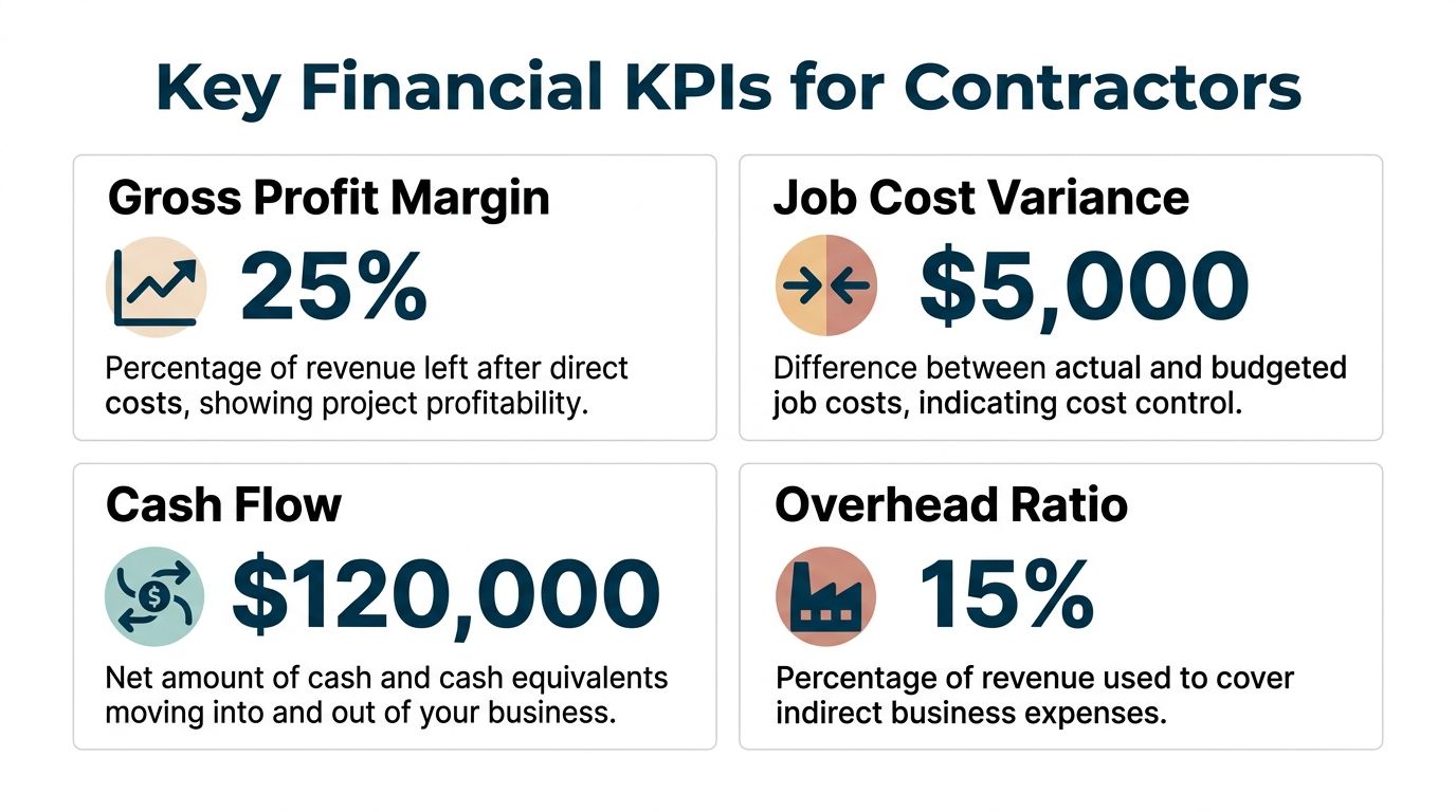 A graphic showing key financial performance indicators for contractors including gross profit, job cost variance, cash flow, and overhead.