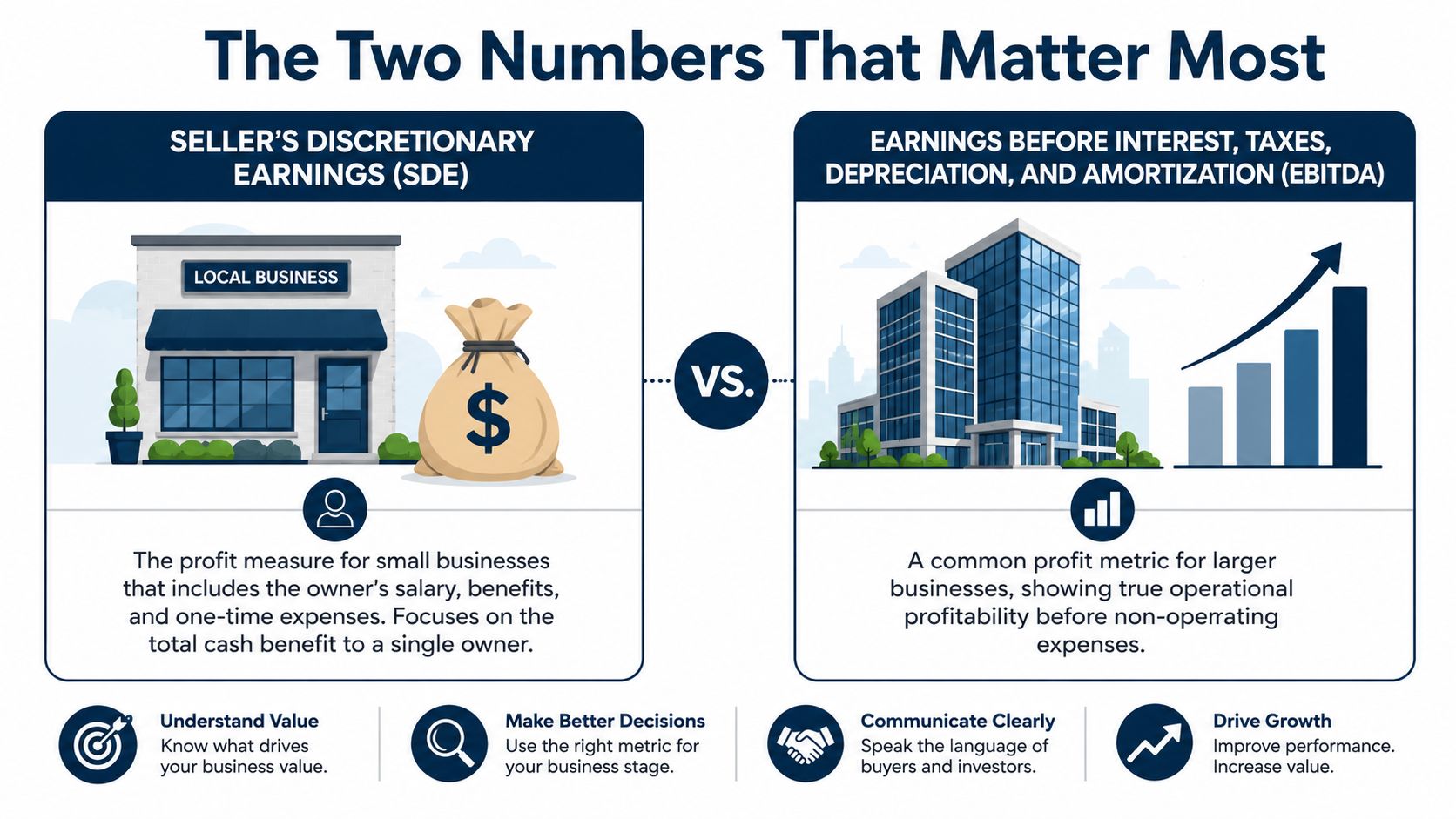 A graphic comparing Seller's Discretionary Earnings for small businesses and EBITDA for larger companies during business valuation.