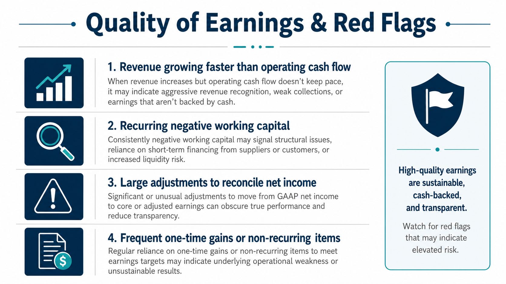 An infographic detailing four financial red flags indicating potential issues with a company's quality of earnings.