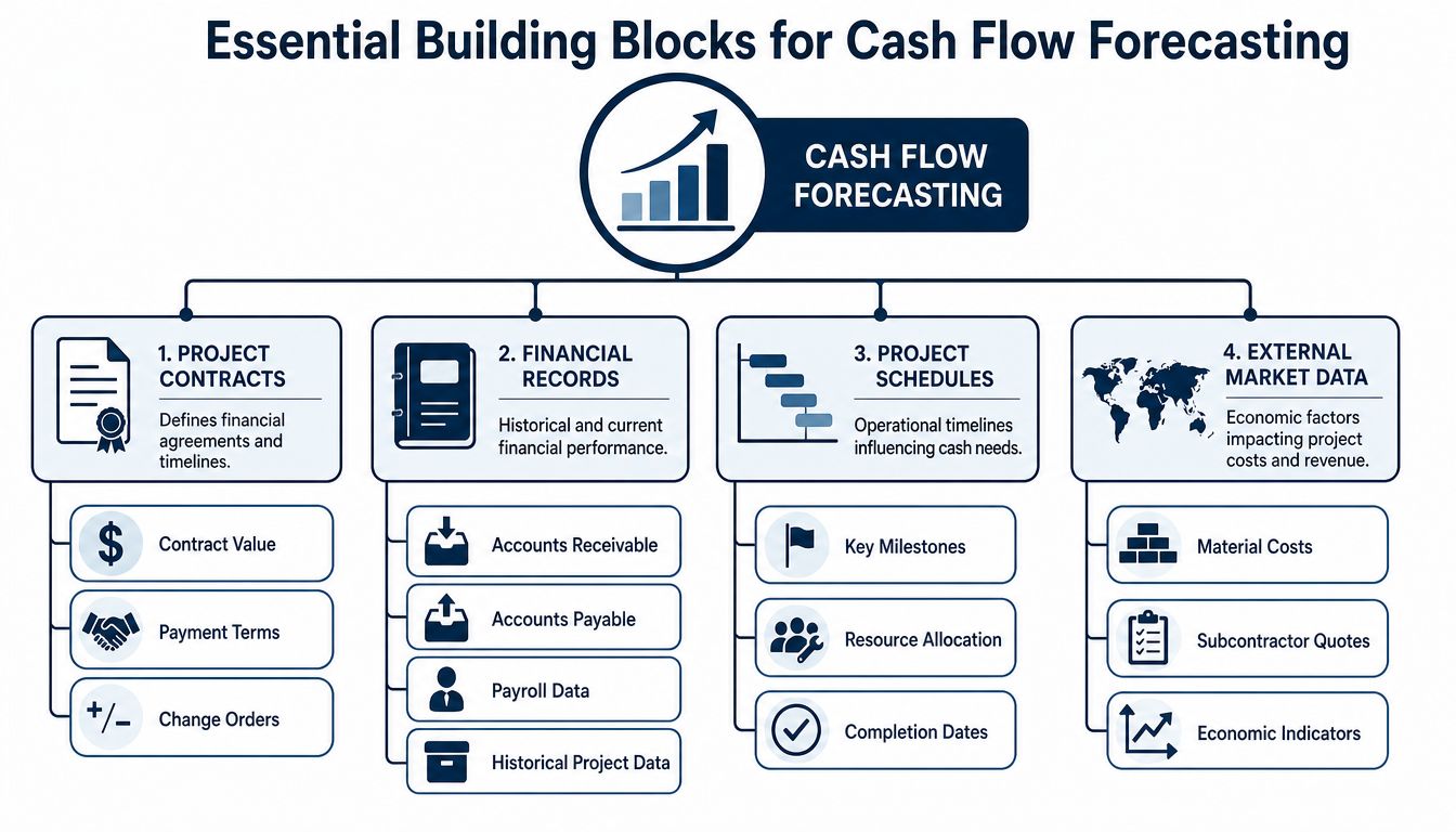 An infographic titled Essential Building Blocks for Cash Flow Forecasting, showing four key components for financial planning.