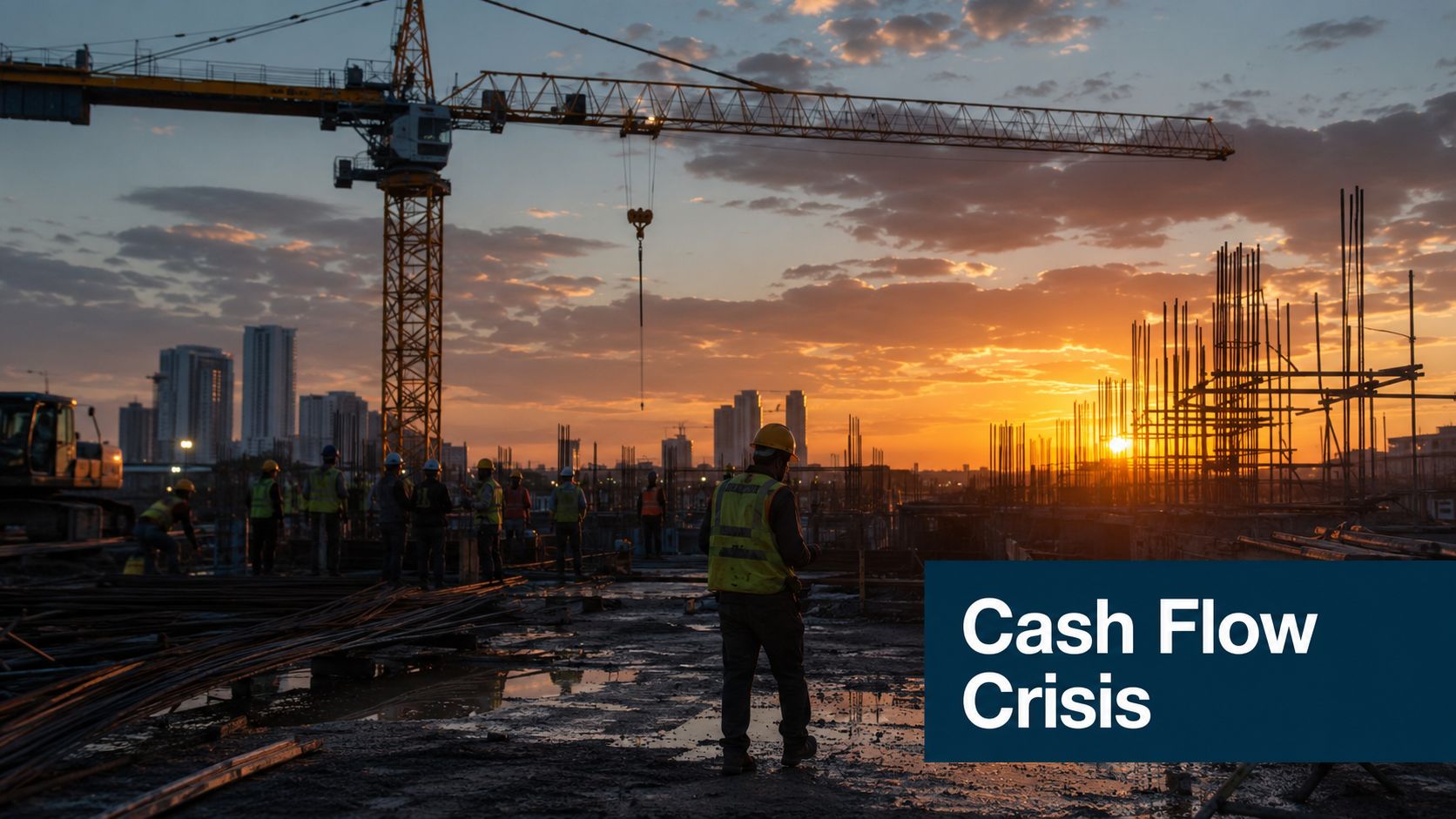 A construction crew works at a building site during a sunset with the text Cash Flow Crisis.