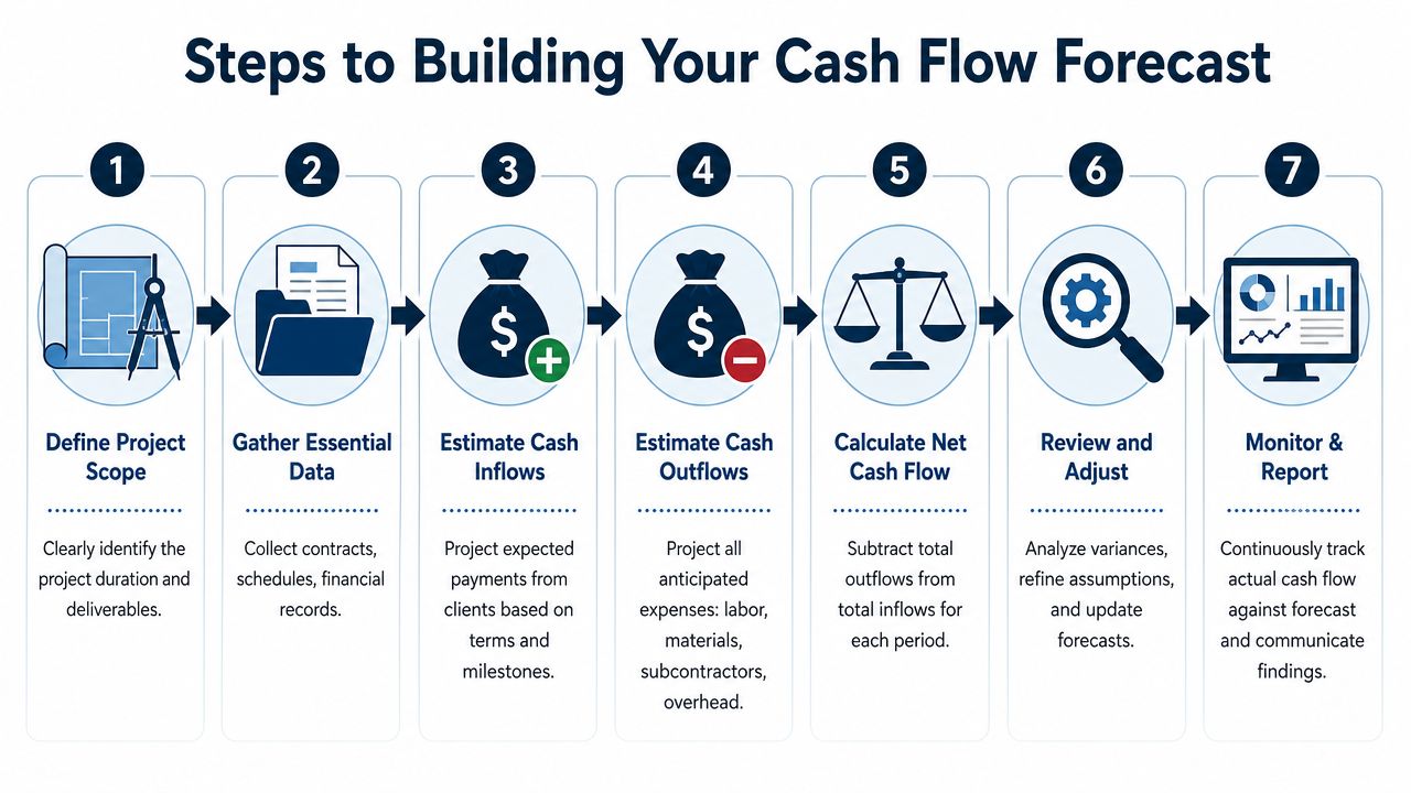 A seven-step infographic illustrating the professional process for building a project construction cash flow forecast.