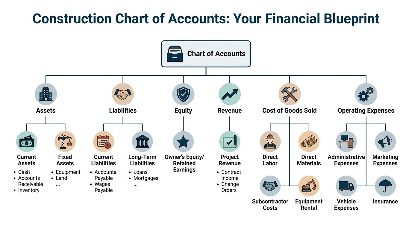 A diagram illustrating a construction chart of accounts, broken down by assets, liabilities, equity, revenue, and expenses.
