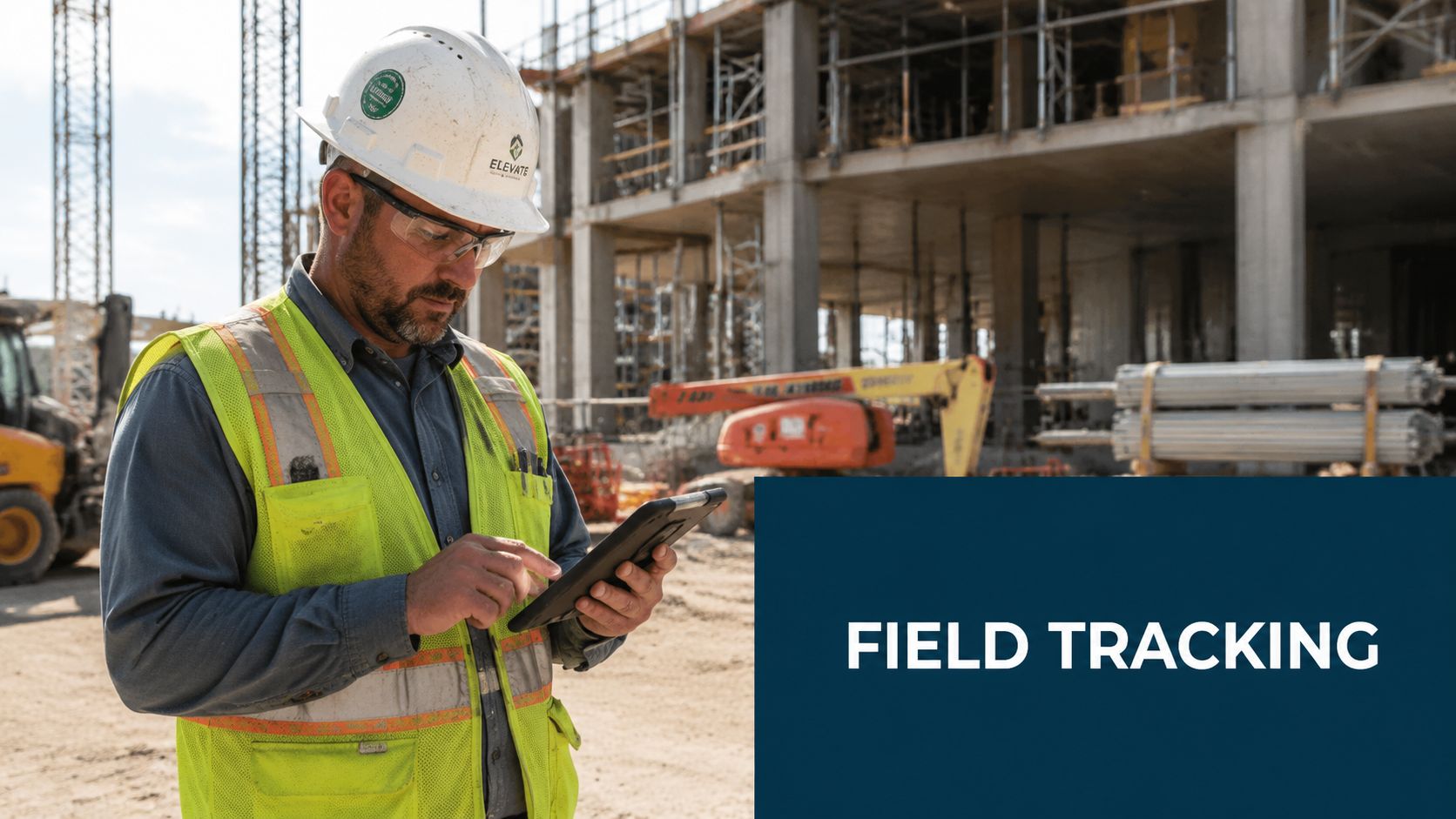 A construction manager in a safety vest and hard hat using a digital tablet on a job site.