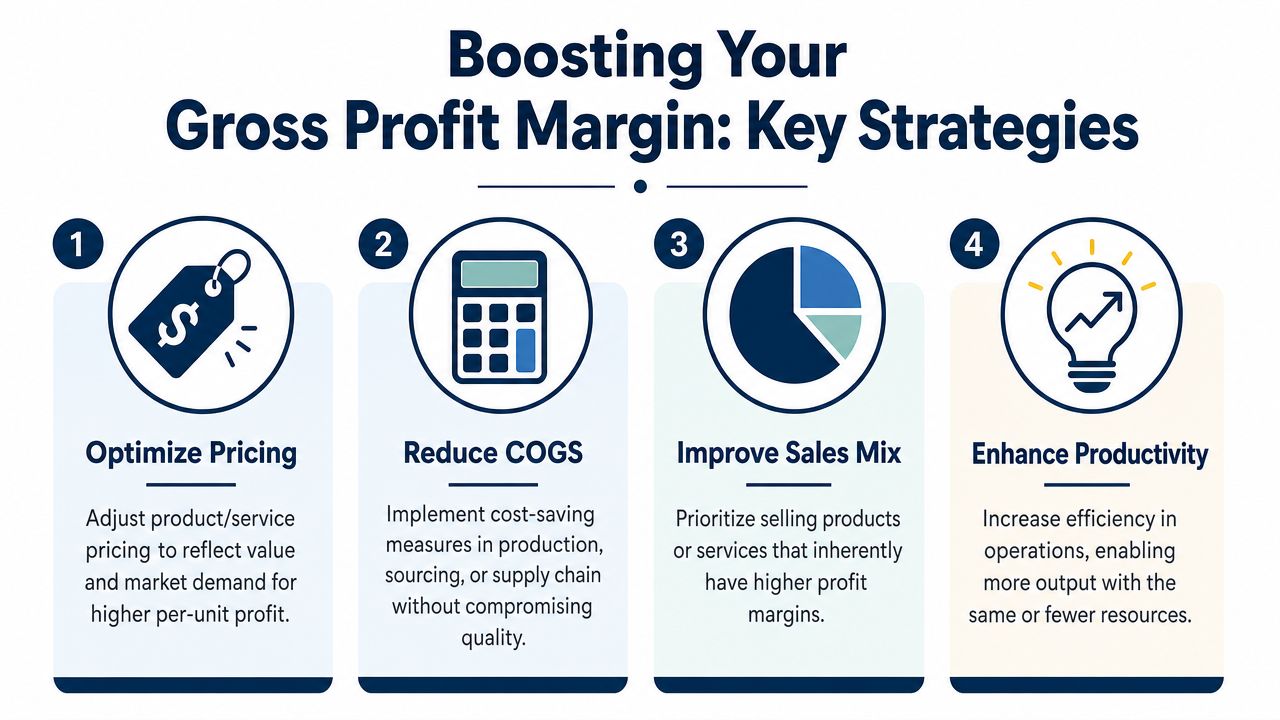 An infographic showing four key strategies to boost gross profit margin in business operations.