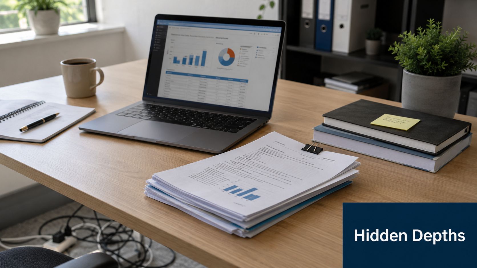 A professional office desk featuring a laptop displaying business charts, stacks of paper, a notebook, and plants.
