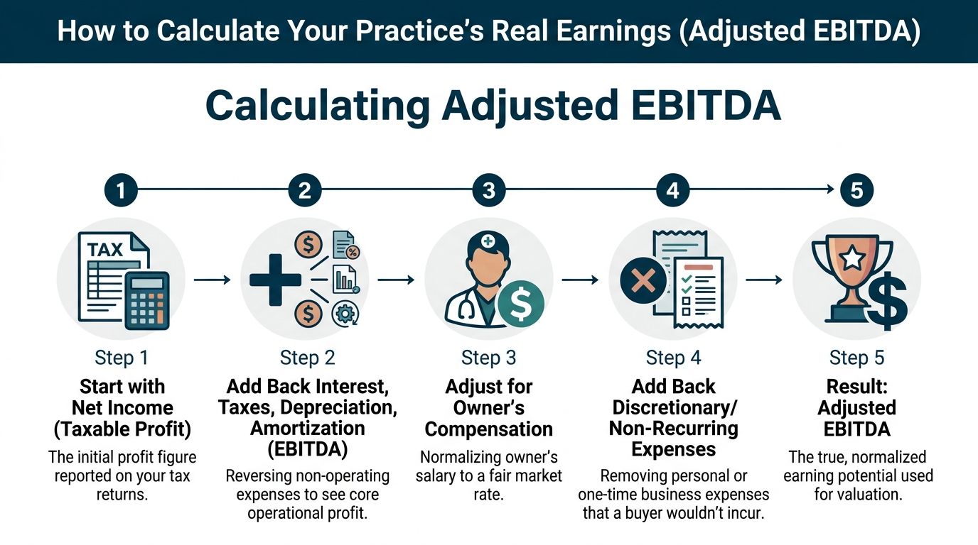 A five-step infographic showing how to calculate adjusted EBITDA to determine the value of a medical practice.