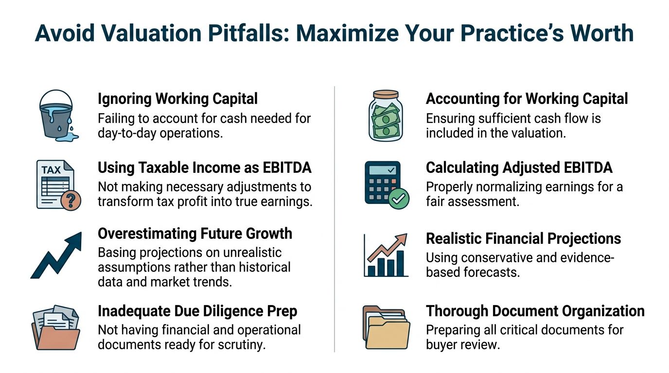 A comparison chart showing common valuation pitfalls versus best practices to maximize a business or medical practice worth.