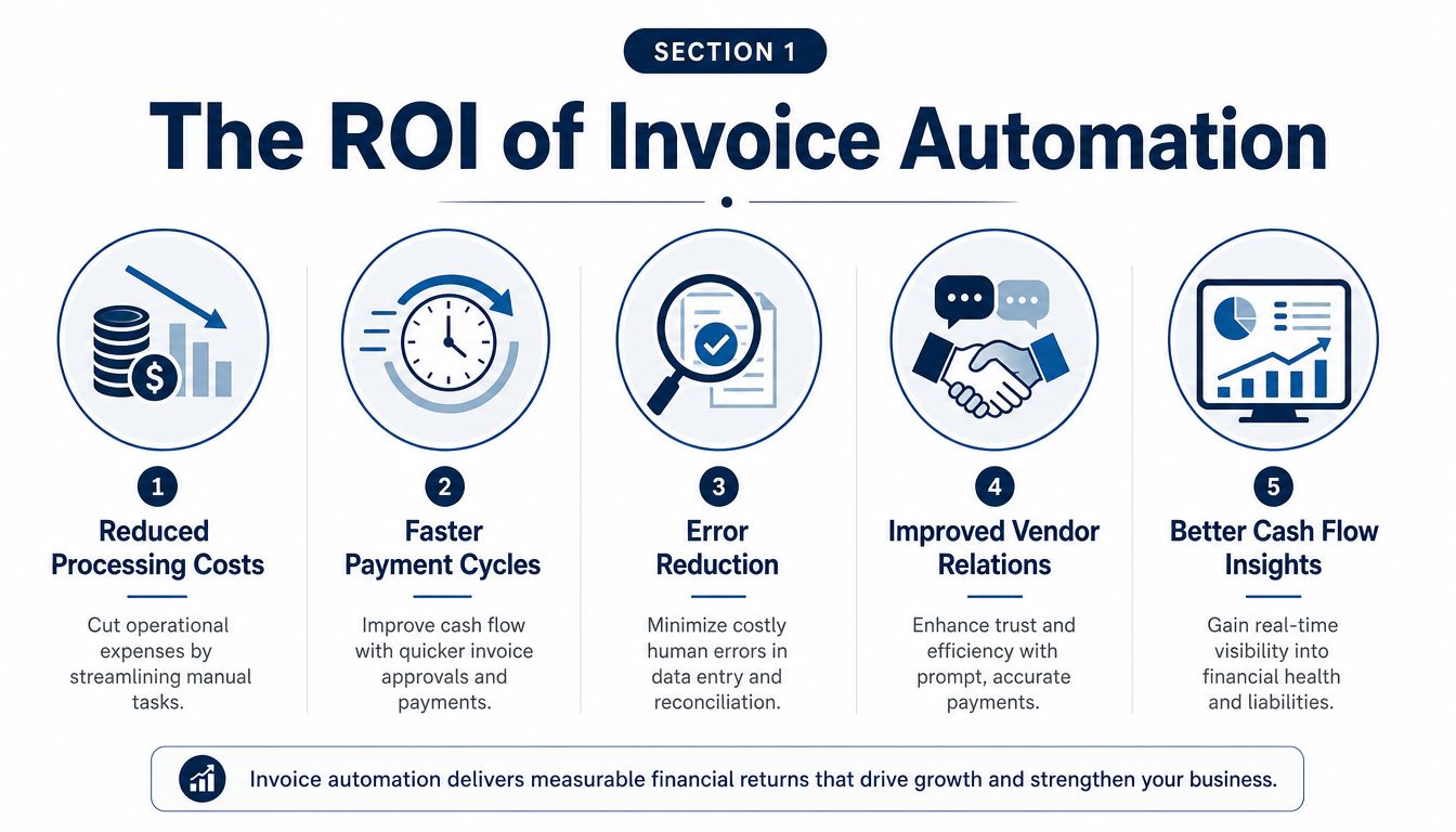 An infographic detailing five key benefits of invoice automation, including cost reduction, faster cycles, and better insights.