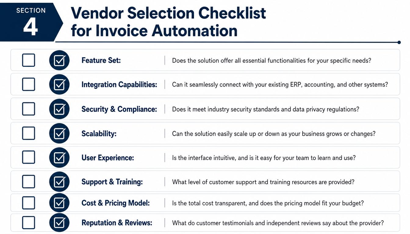 A vendor selection checklist for invoice automation outlining key evaluation criteria like features, integration, and security.