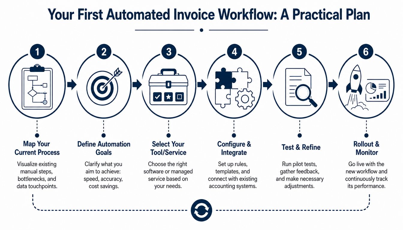 A flowchart showing a six-step practical plan for implementing an automated invoice processing workflow in business.