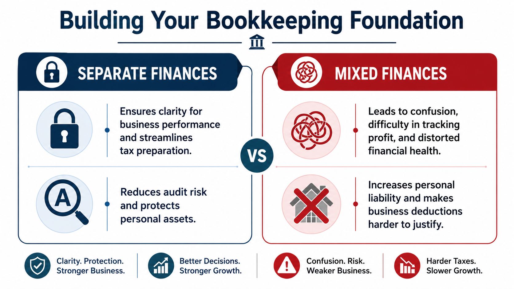 A comparative infographic illustrating the advantages of keeping business and personal finances separate versus the risks of mixing them.