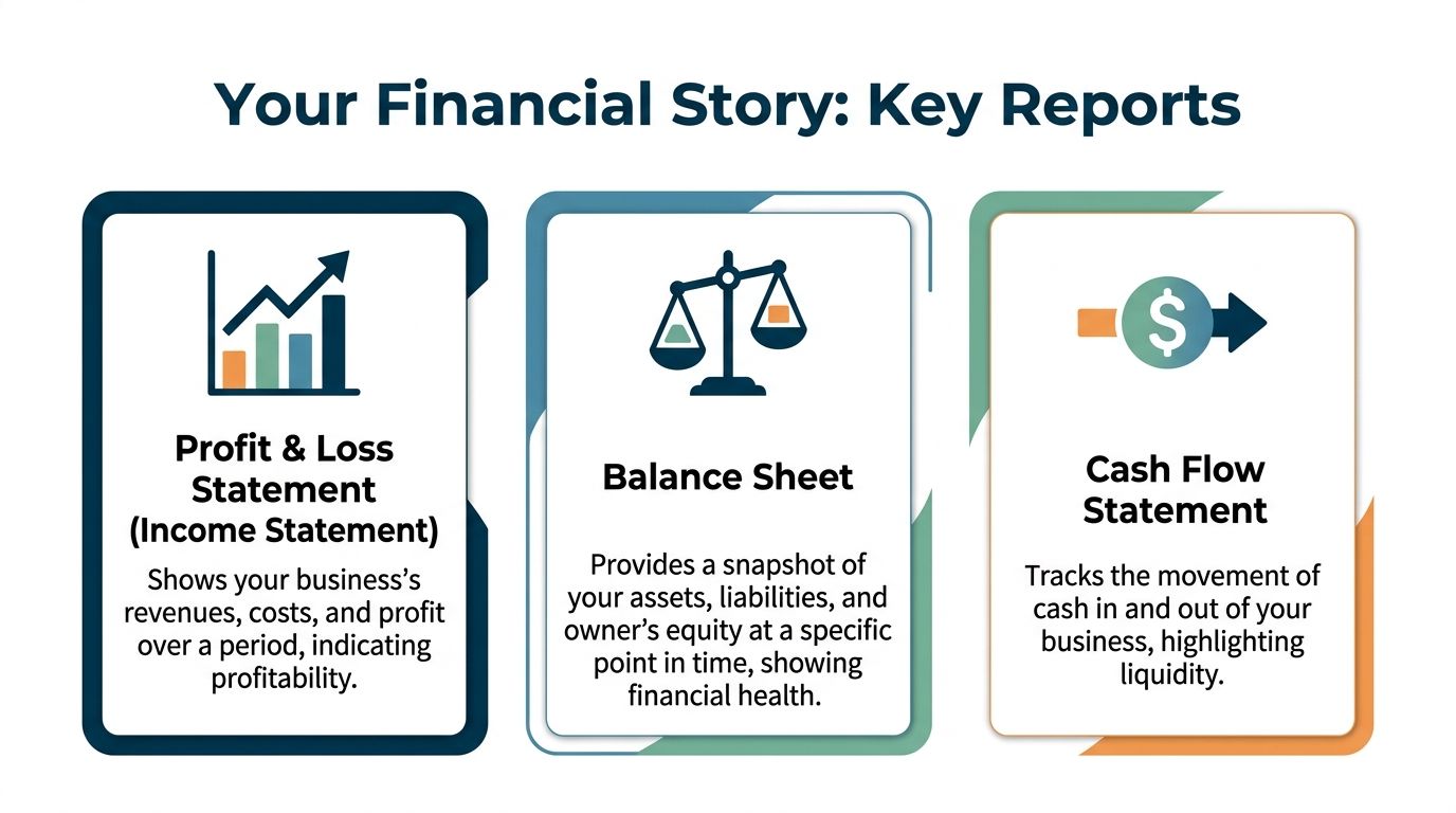 An infographic titled Your Financial Story showing three key business reports: Profit & Loss, Balance Sheet, and Cash Flow.