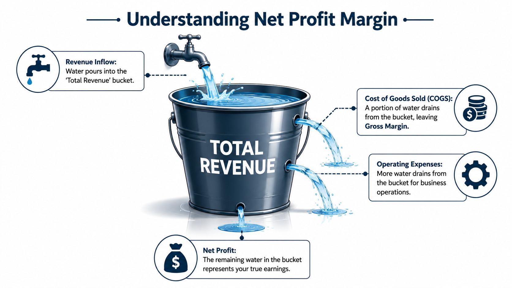 An illustration showing how total revenue flows into a bucket, with expenses draining out to reveal net profit.
