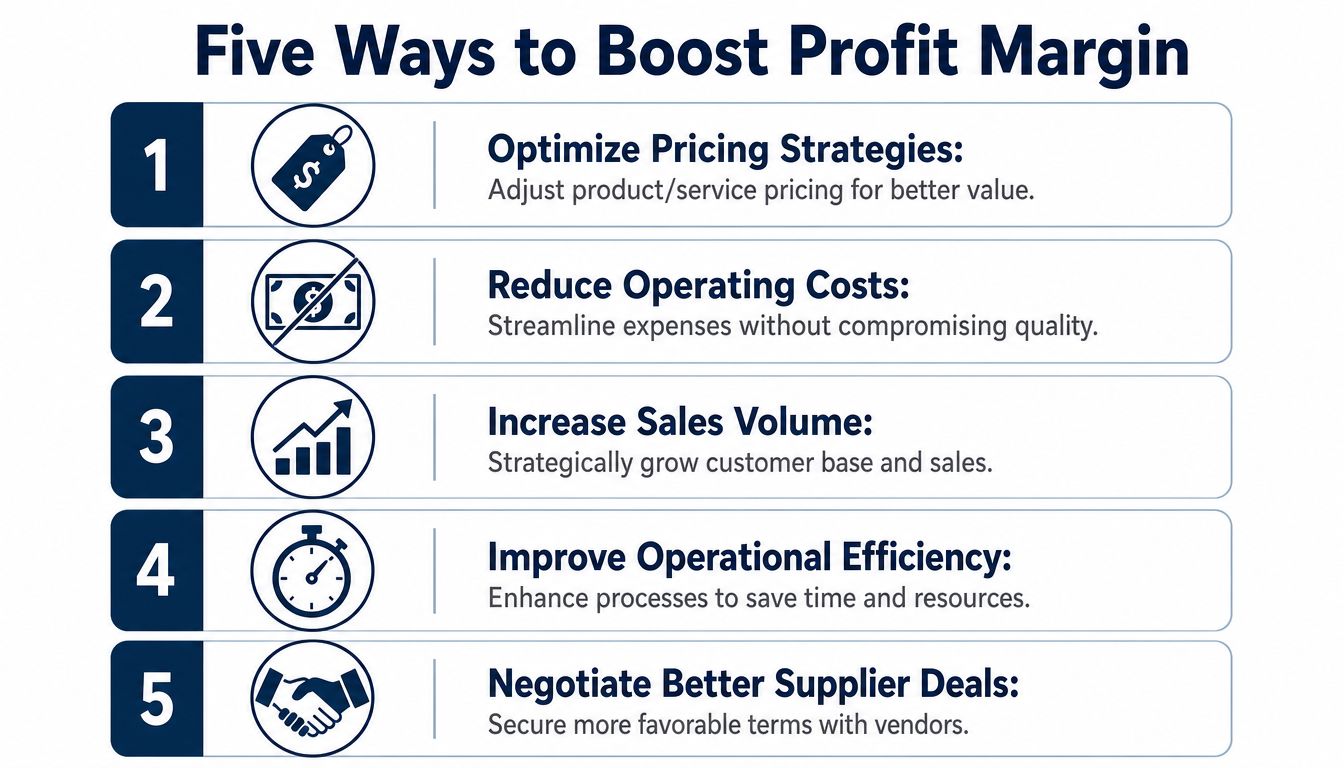 An infographic titled Five Ways to Boost Profit Margin featuring numbered business strategy tips and icons.