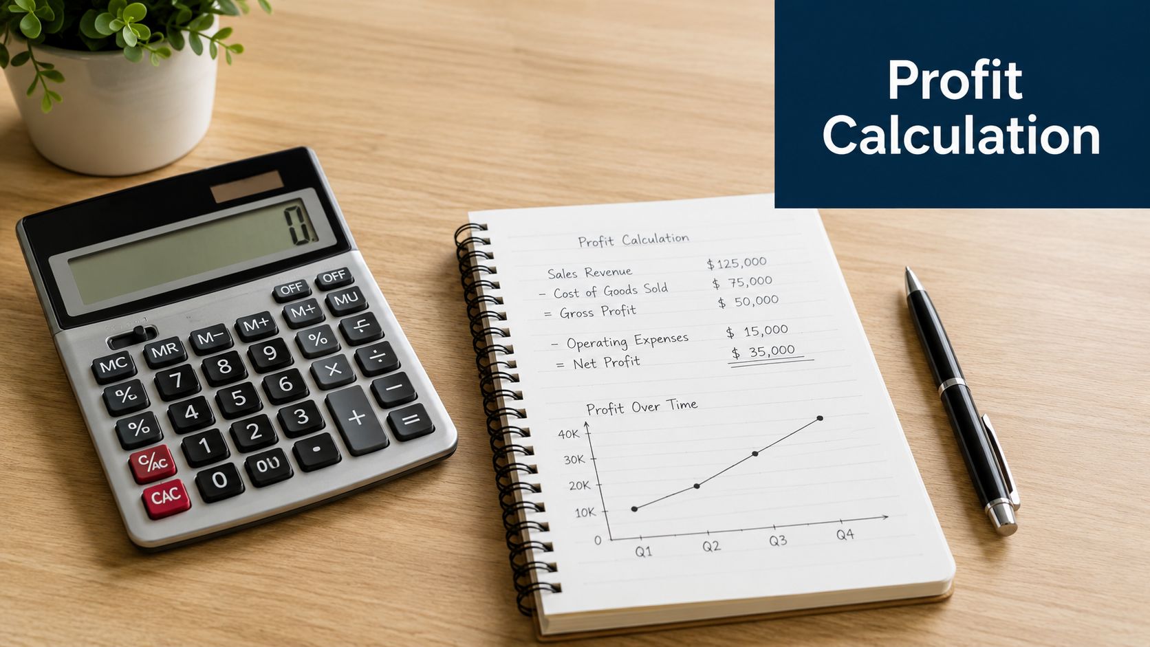 A notepad showing a net profit calculation and a profit over time chart next to a calculator.