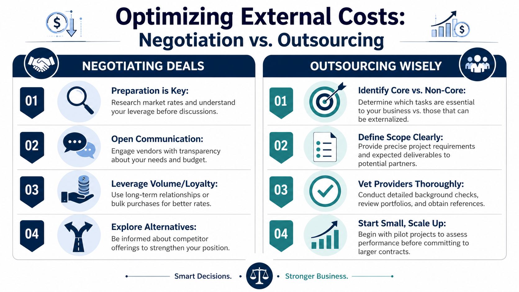 An infographic comparing strategies for optimizing external business costs through effective negotiation and wise outsourcing practices.