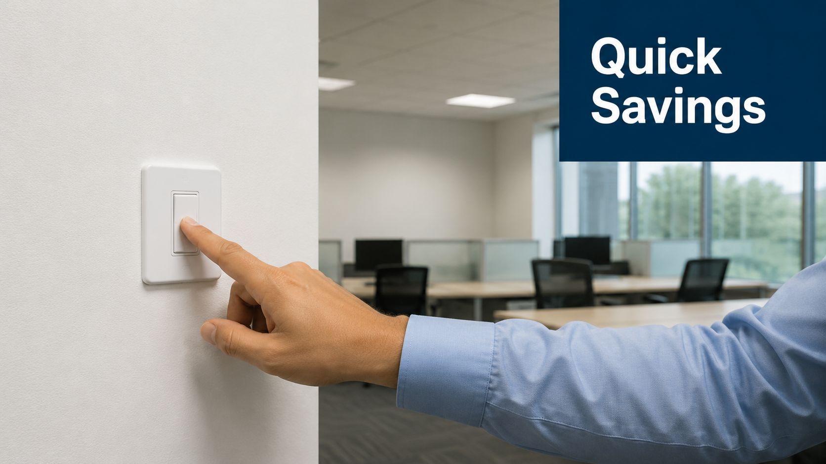 A close-up view of a person's hand pressing a light switch on an office wall.