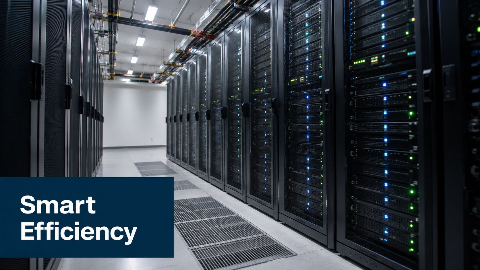 A modern data center with rows of server racks, emphasizing technology infrastructure and energy-efficient operations.