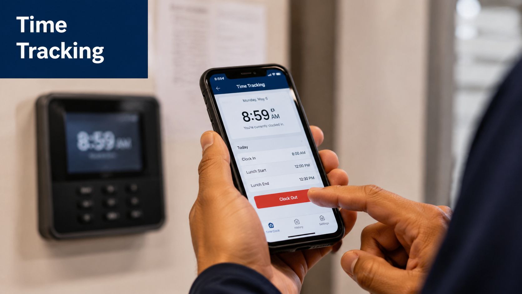 A person clocking out on a mobile time tracking application in an office environment.