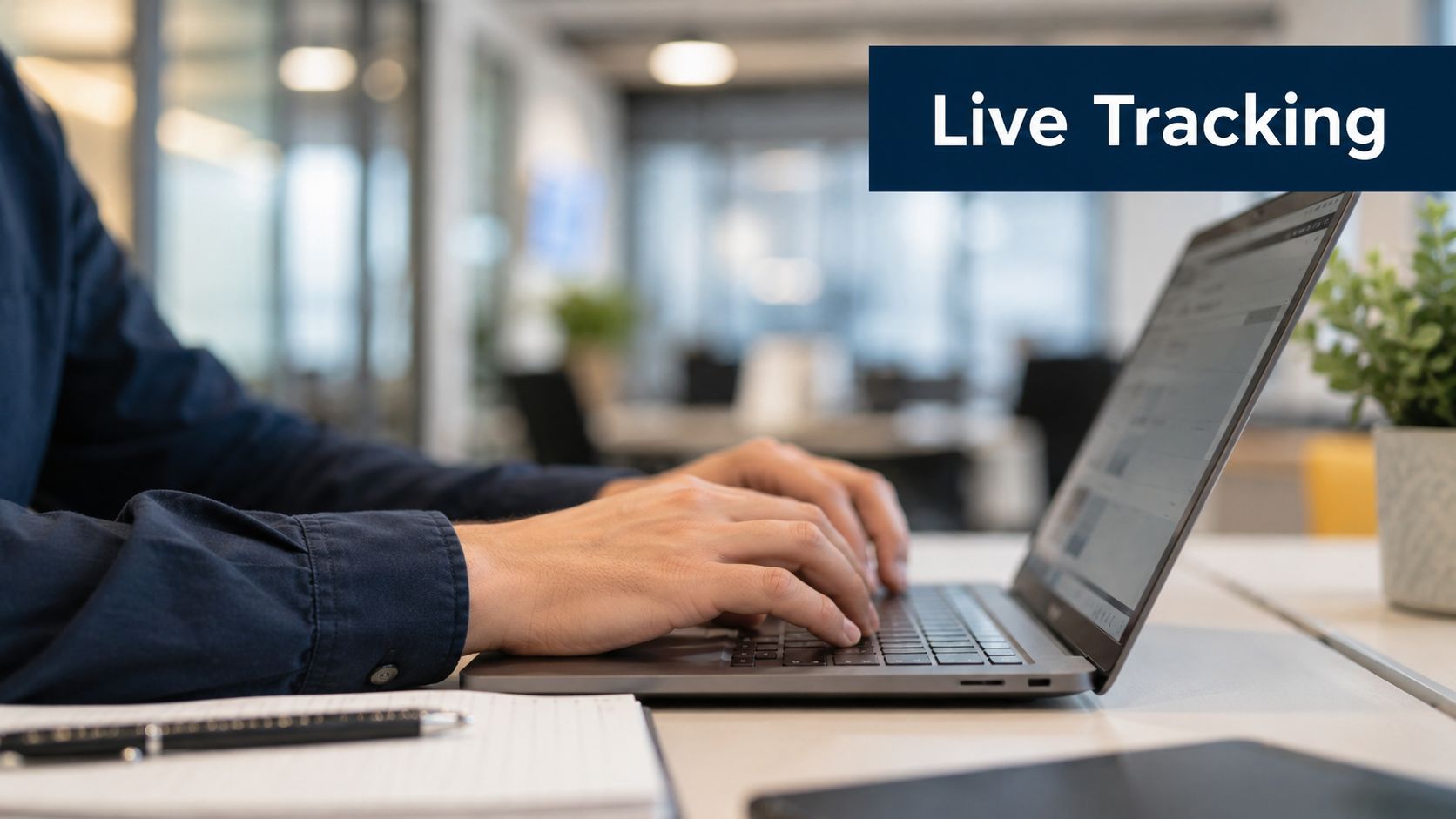 A professional working on a laptop at an office desk with a live tracking concept overlay.