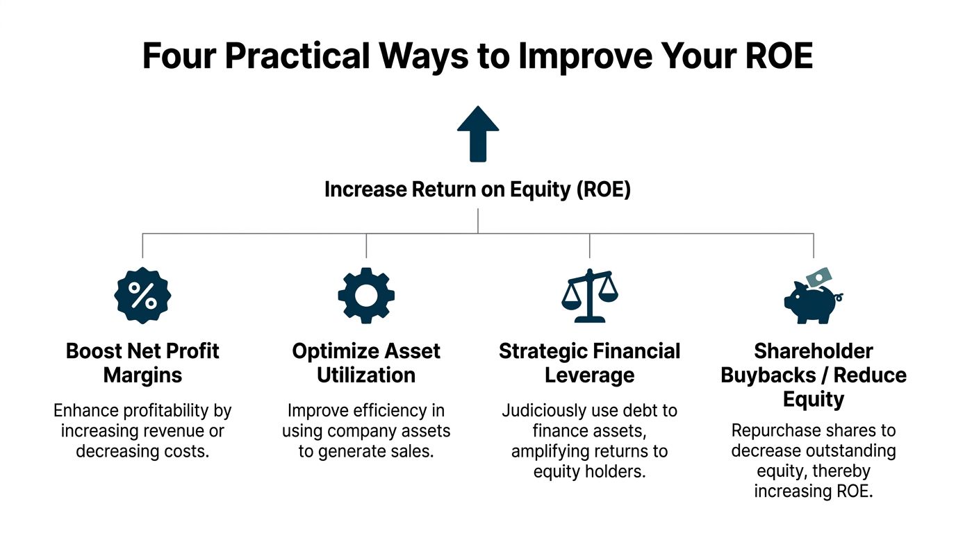 A diagram outlining four practical methods for companies to improve their return on equity performance.