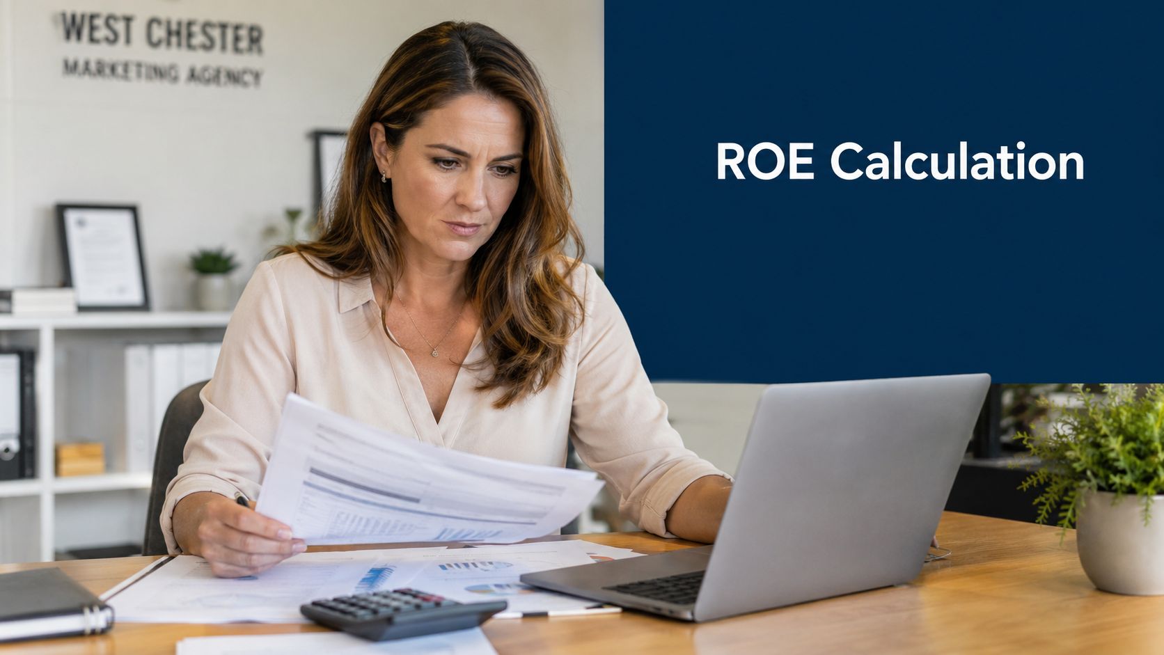 A professional woman working at her desk reviewing financial documents for a return on equity calculation.
