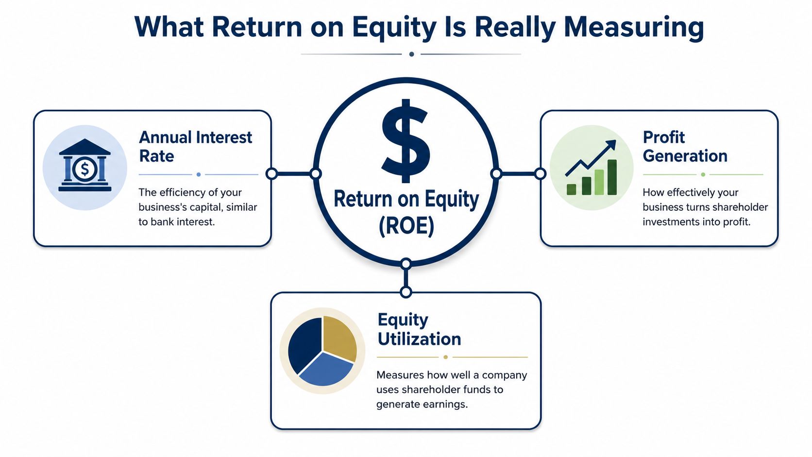 A diagram illustrating what Return on Equity measures, including annual interest rate, profit generation, and equity utilization.
