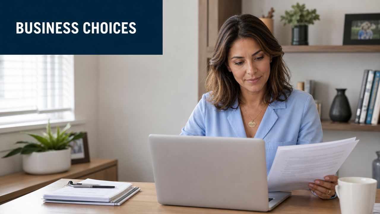 A businesswoman working at a wooden desk with a laptop and documents in a professional home office.