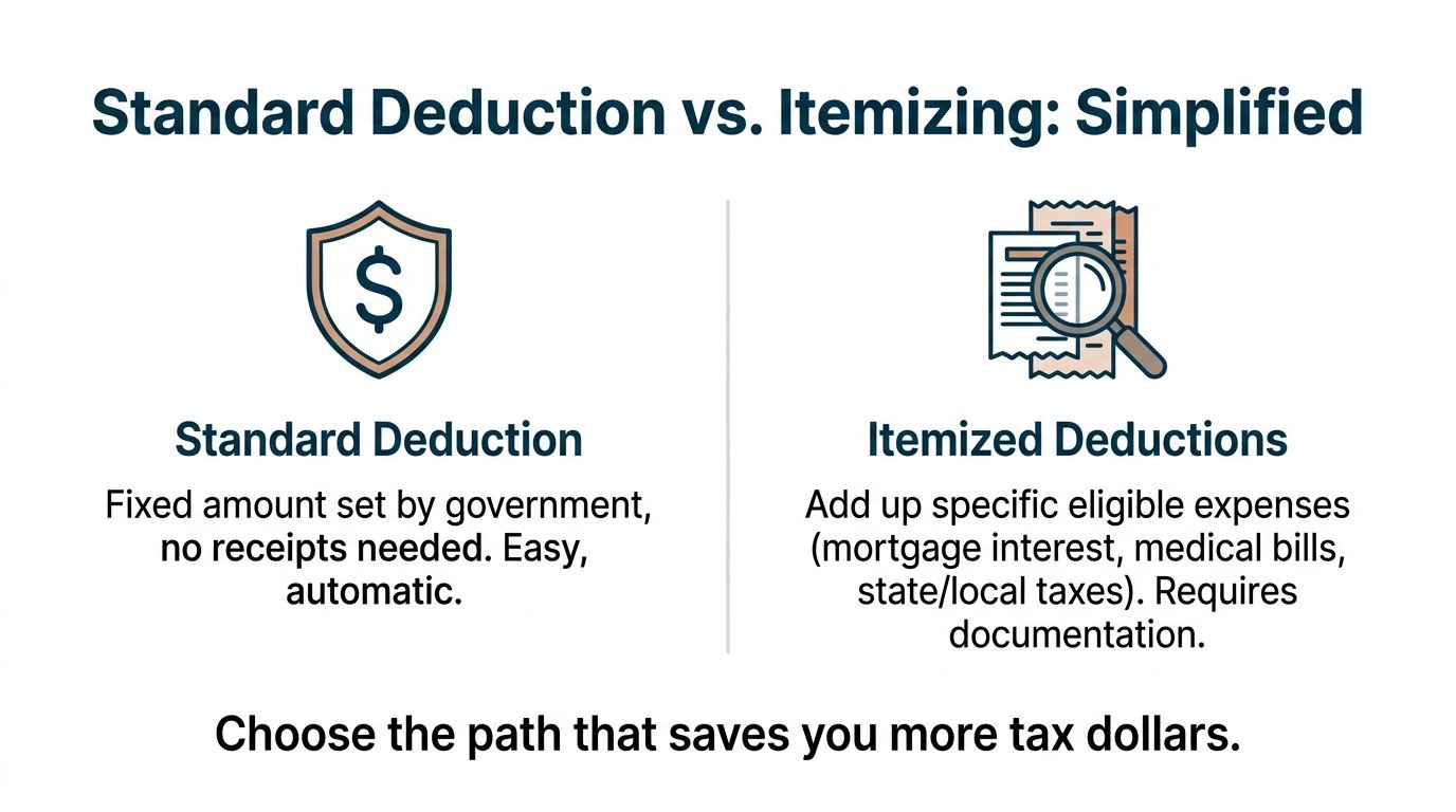 A comparison infographic between standard deduction and itemized deductions for tax filing purposes.