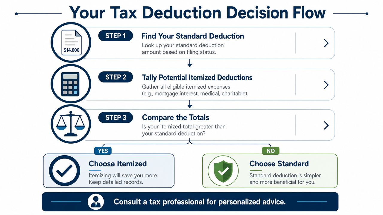 A simple tax flowchart illustrating the decision process between choosing standard or itemized tax deductions.