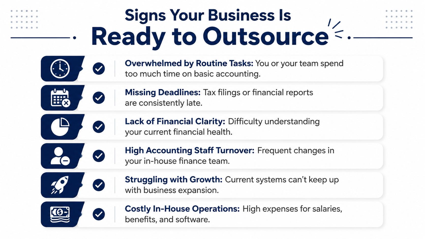 An infographic titled Signs Your Business Is Ready to Outsource, listing six key indicators for outsourcing accounting services.