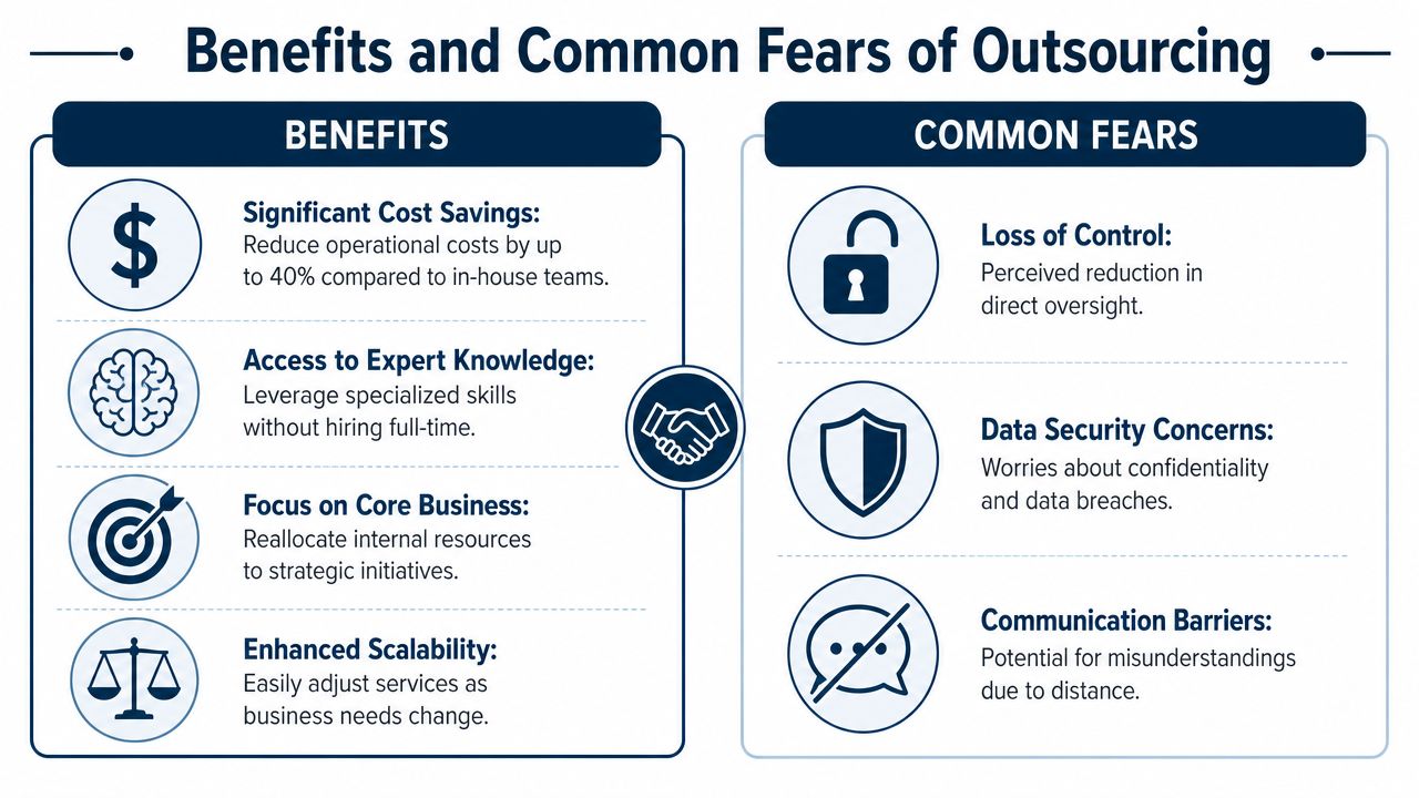 A comparison chart showing the primary benefits and common fears associated with business outsourcing services.