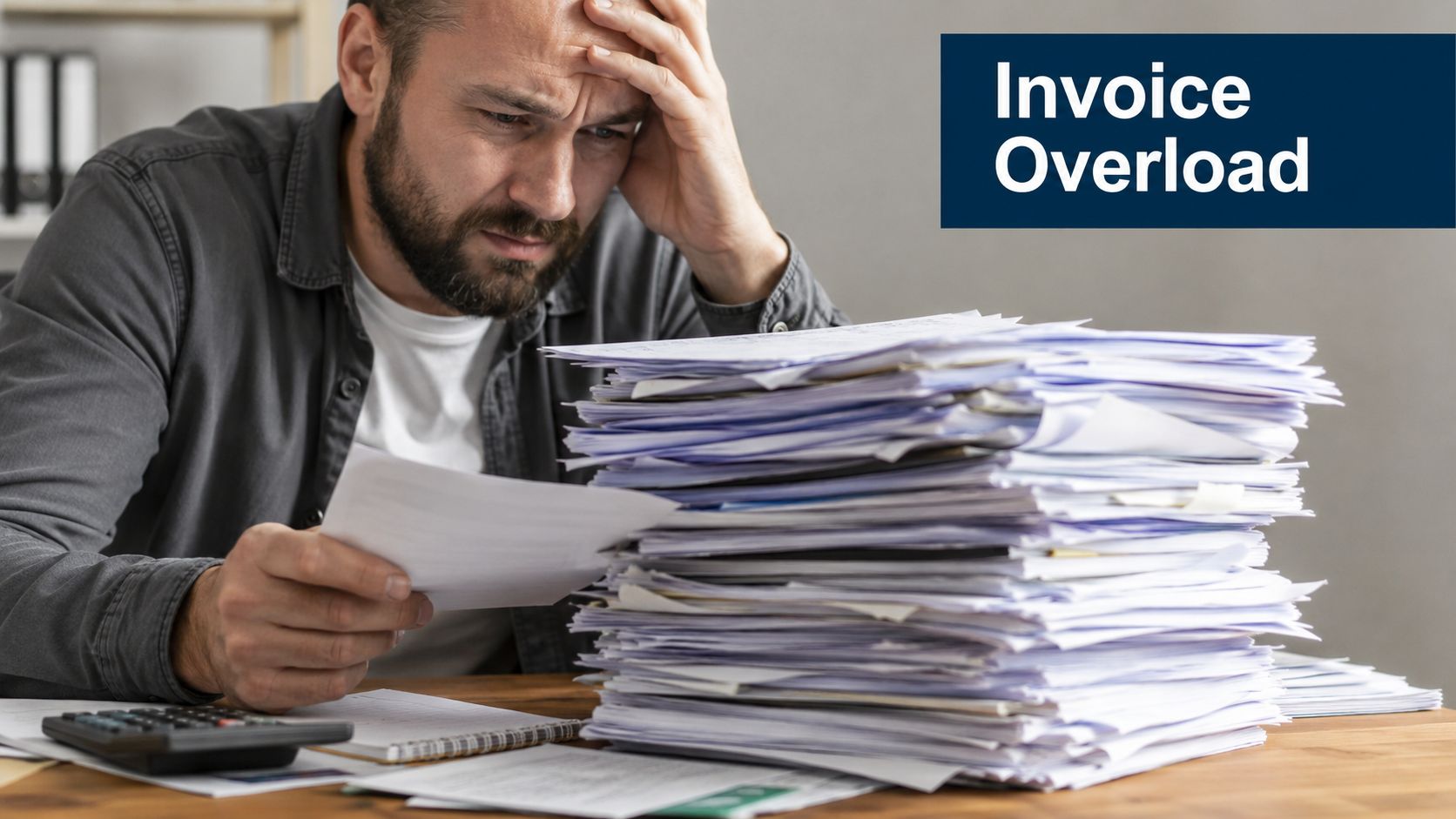 A stressed man sitting at a desk overwhelmed by a large stack of paper invoices and documents.