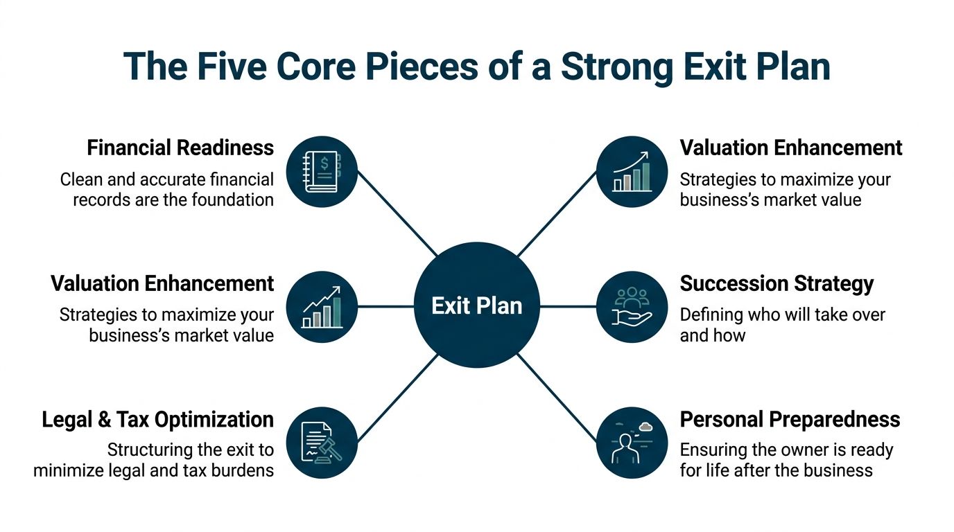 A diagram illustrating the five core components of a business exit plan including financial and personal readiness.