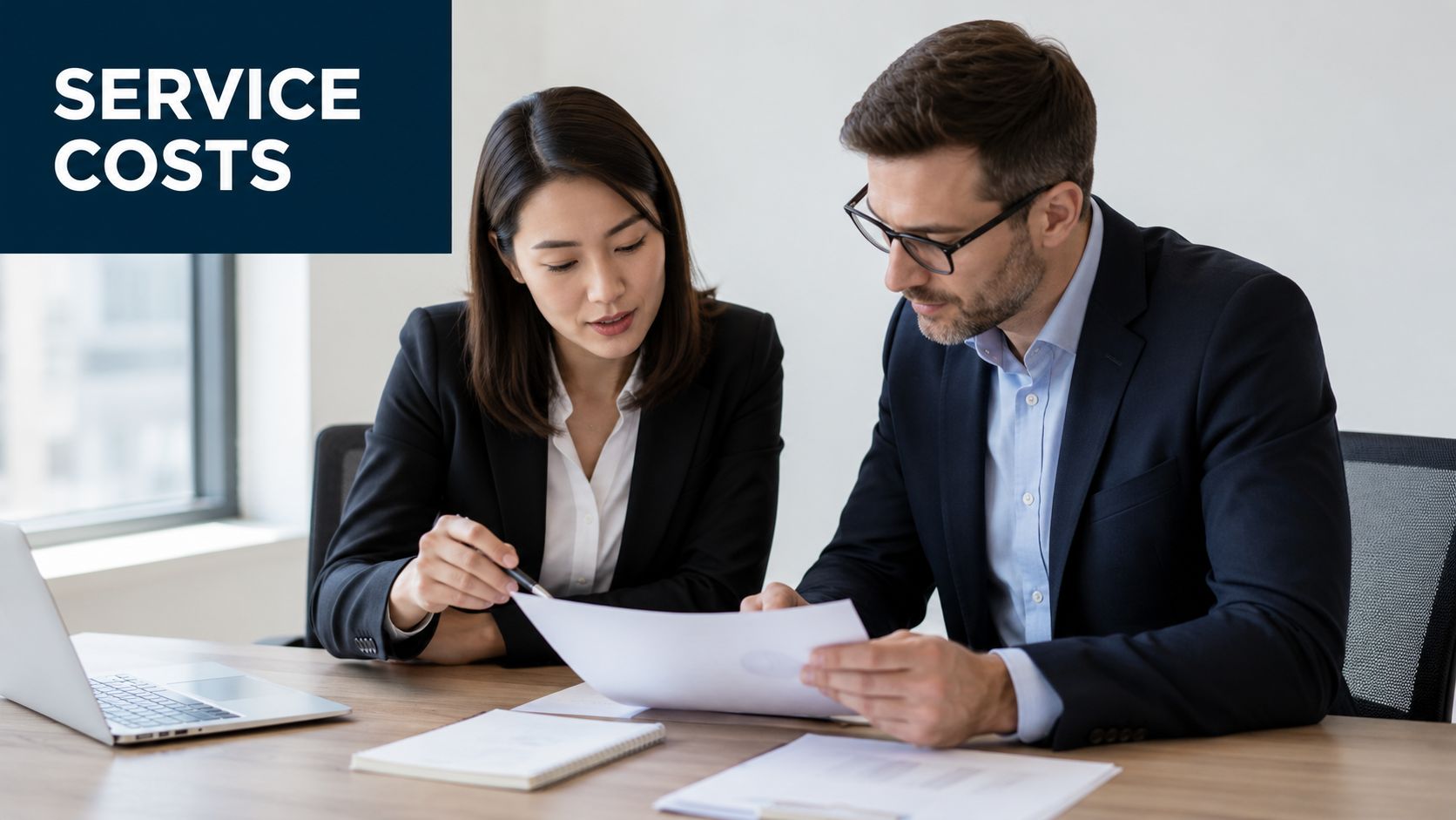 A professional man and woman in business attire reviewing financial documents together in a modern office.