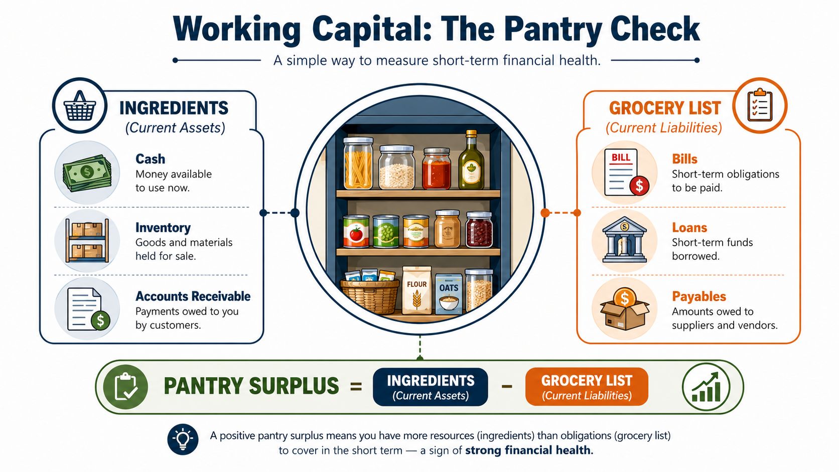 An infographic explaining working capital using a pantry metaphor to represent assets and liabilities for business health.