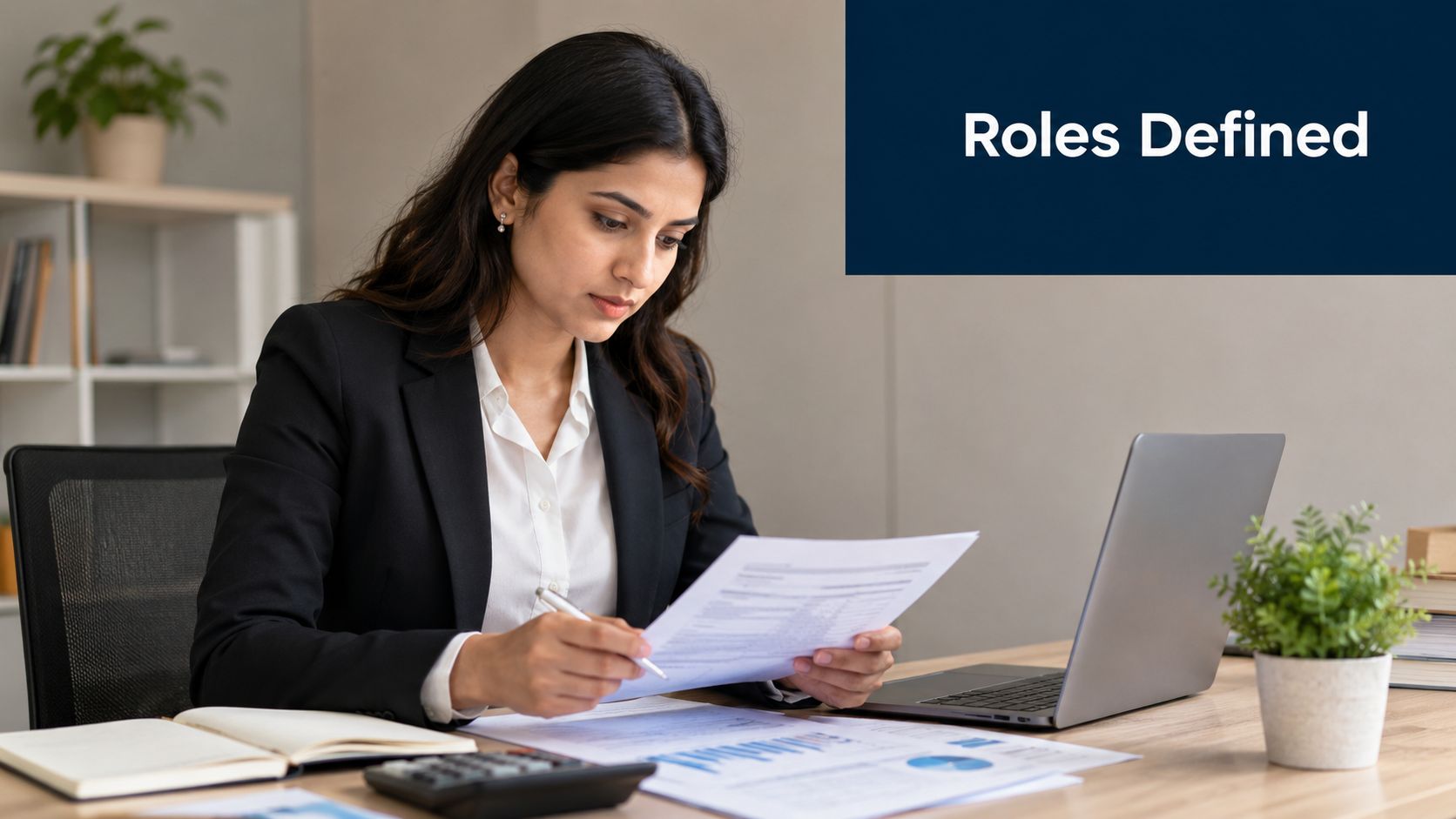 A professional woman in a business suit reviewing financial documents at her office desk with a laptop.