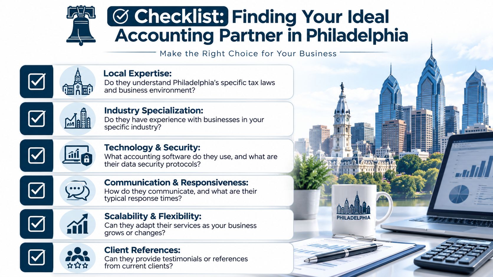 A checklist infographic for choosing an ideal accounting partner in Philadelphia, featuring key criteria for business selection.