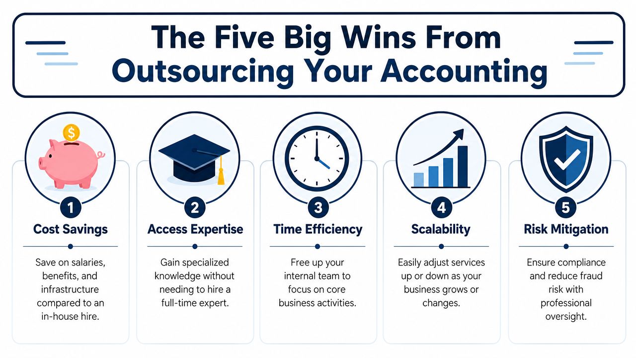 An infographic detailing five key advantages of outsourcing accounting services for modern businesses.
