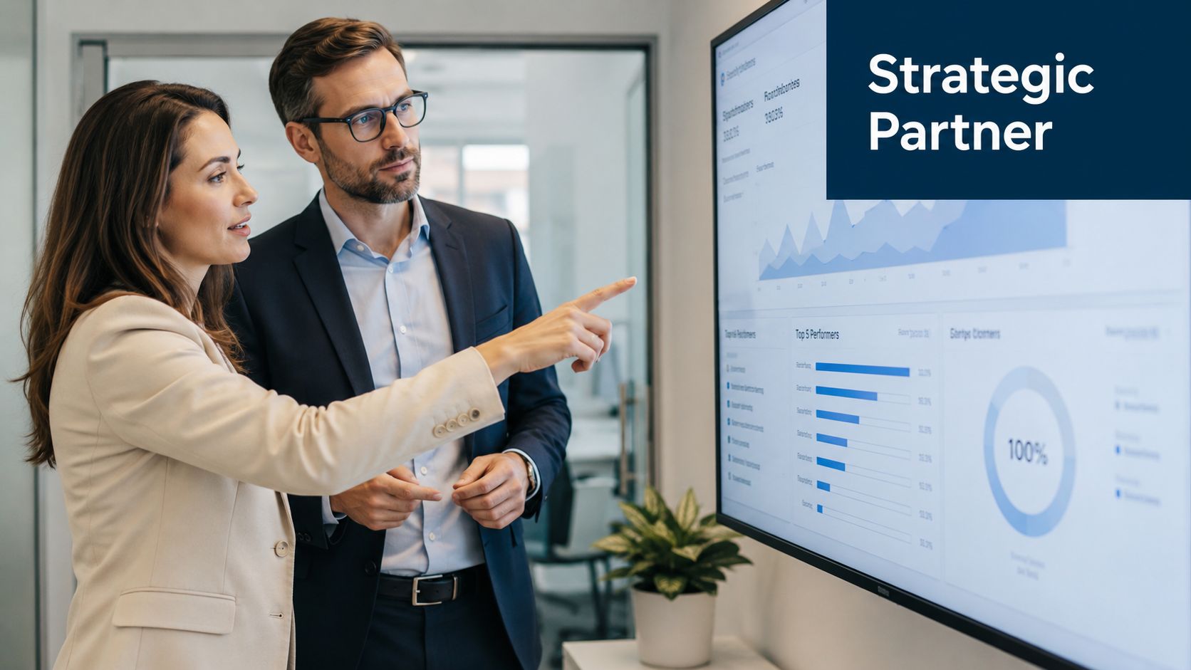 A professional man and woman discussing data trends and analytics on a large screen in an office.