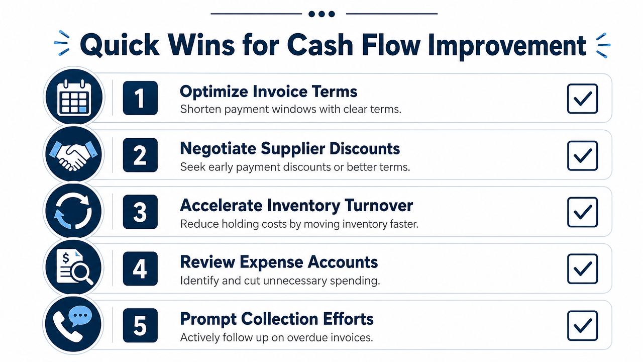 A five-point infographic titled Quick Wins for Cash Flow Improvement displaying strategies to boost business liquidity.