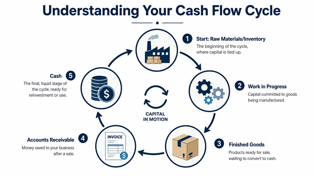 A circular diagram illustrating the cash flow cycle process from raw materials to liquid cash.