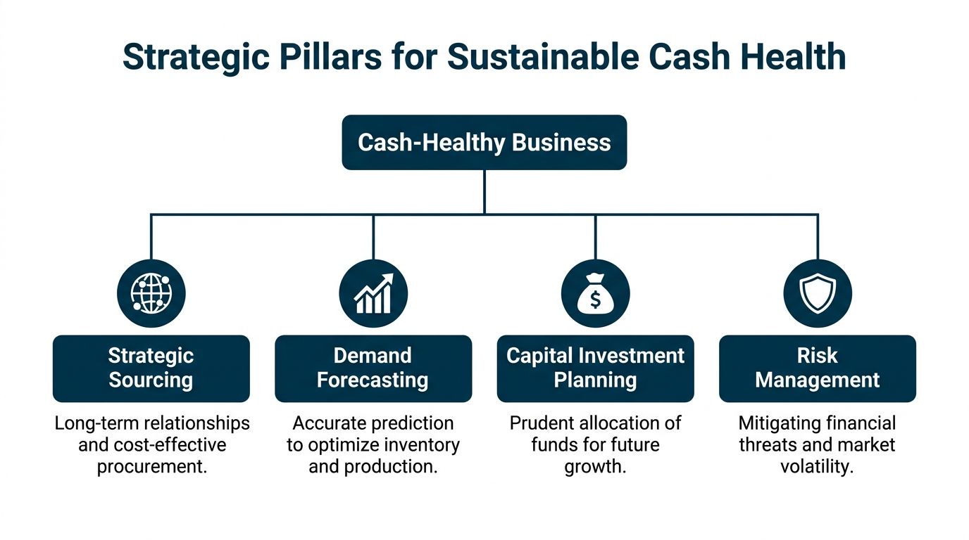 A diagram illustrating four strategic pillars for maintaining a healthy business cash flow and sustainable growth.
