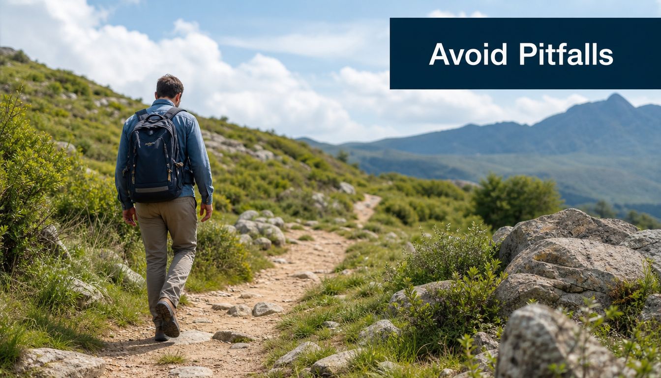 A hiker with a backpack walking along a dirt mountain path surrounded by rocky and grassy landscape.