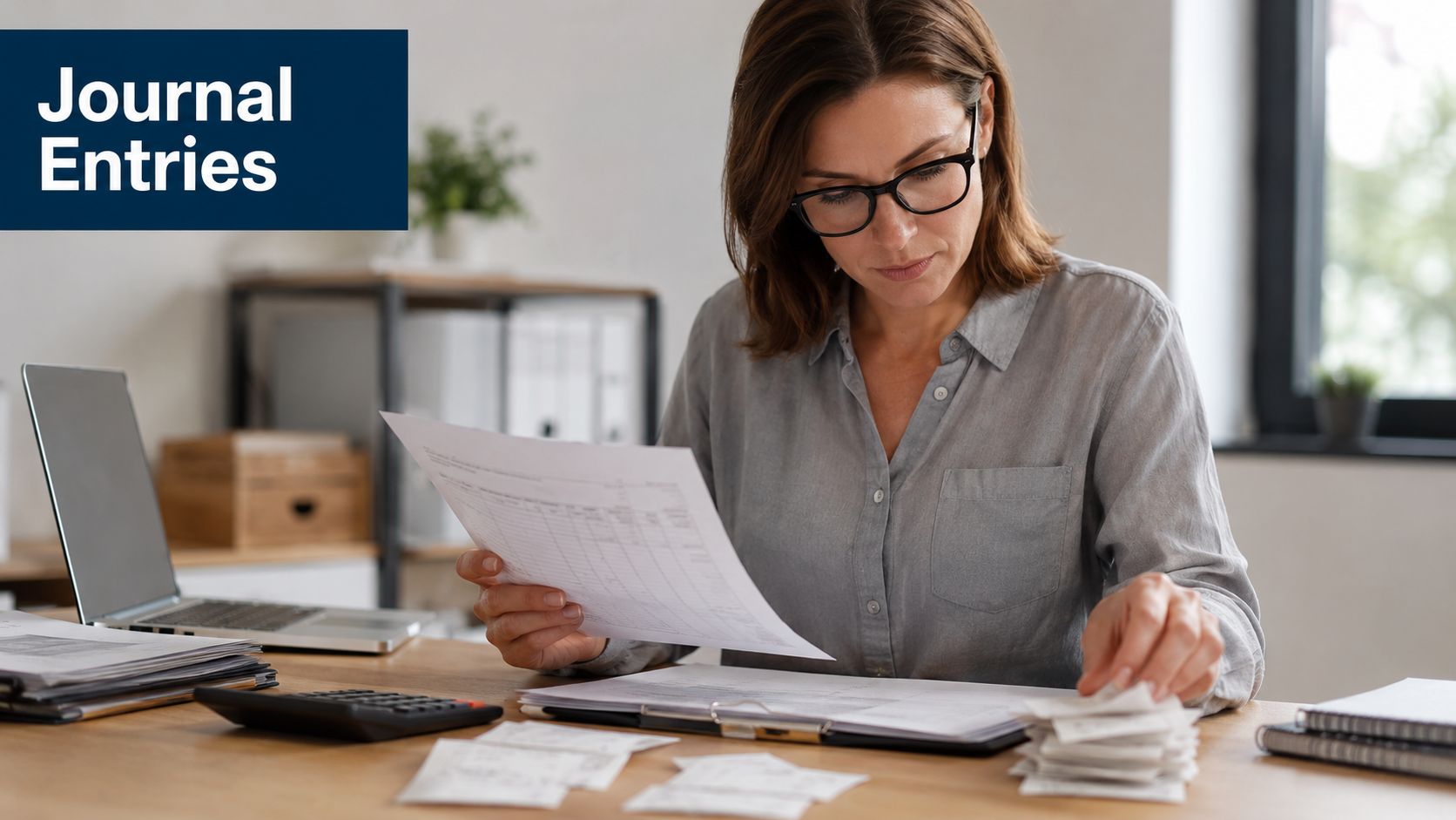 A professional woman in glasses reviews financial documents and receipts at her organized wooden office desk.