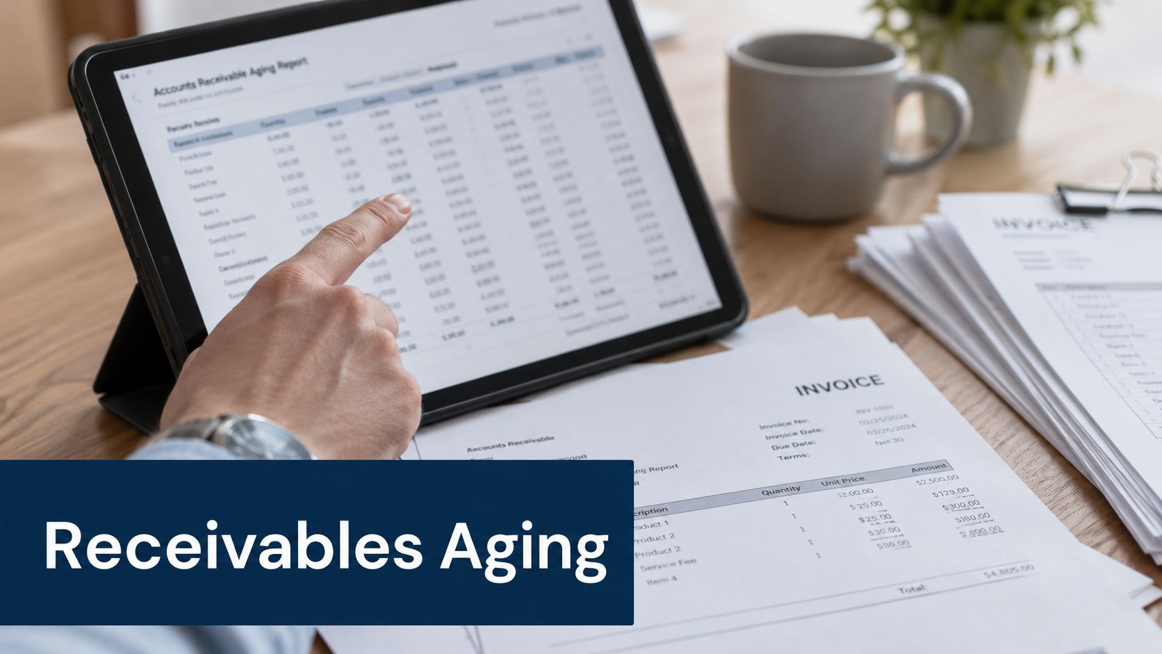 A professional analyzing accounts receivable aging data on a tablet next to a physical invoice on a desk.